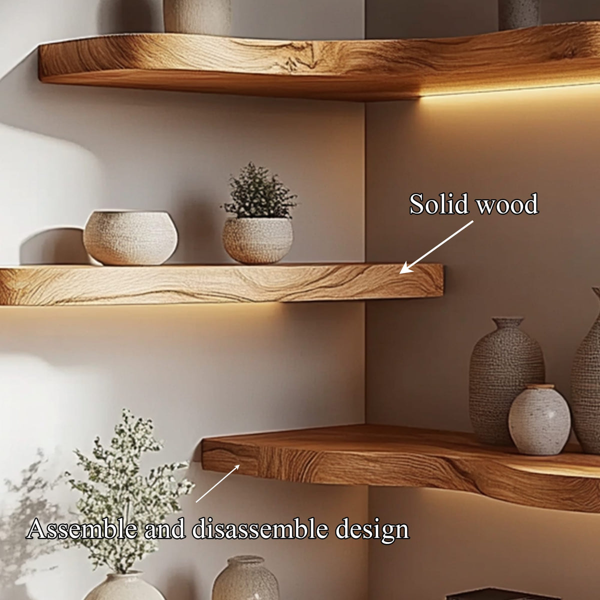 Corner Solid Floating Shelves Organic Layered Wall Display Interior Decor, solid wood, built to order