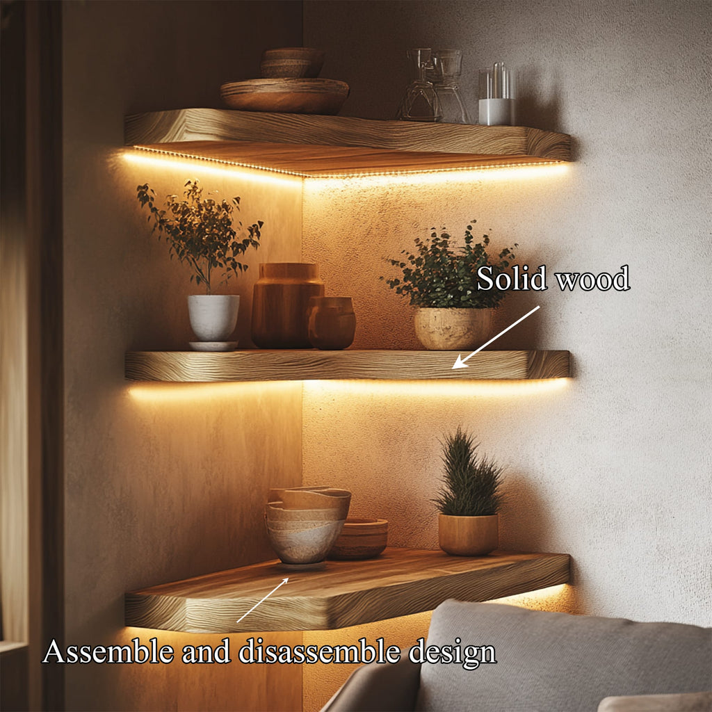 Layered Solid Corner Wall Shelves Warm Minimal Interior Style, solid wood, built to order