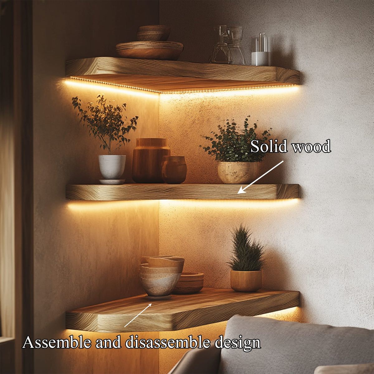 Layered Solid Corner Wall Shelves Warm Minimal Interior Style, solid wood, built to order