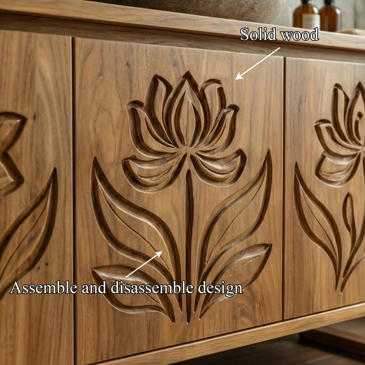 Tropical Floral Carved Solid Bathroom Vanity Freestanding Cabinet, solid wood, built to order