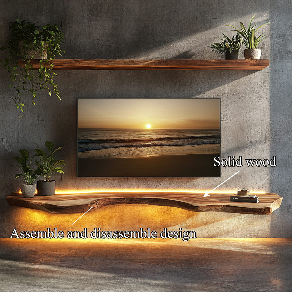 Illuminated Solid Floating TV Shelf Living Room Interior, solid wood, built to order
