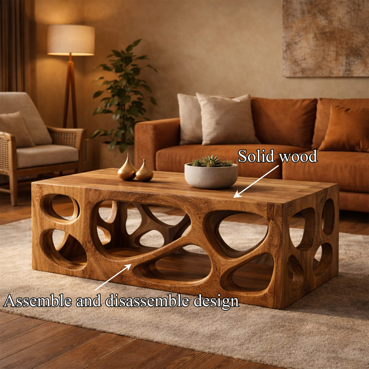 Architectural Carved Solid Coffee Table Organic Void Design Statement Living Room Interior, solid wood, built to order