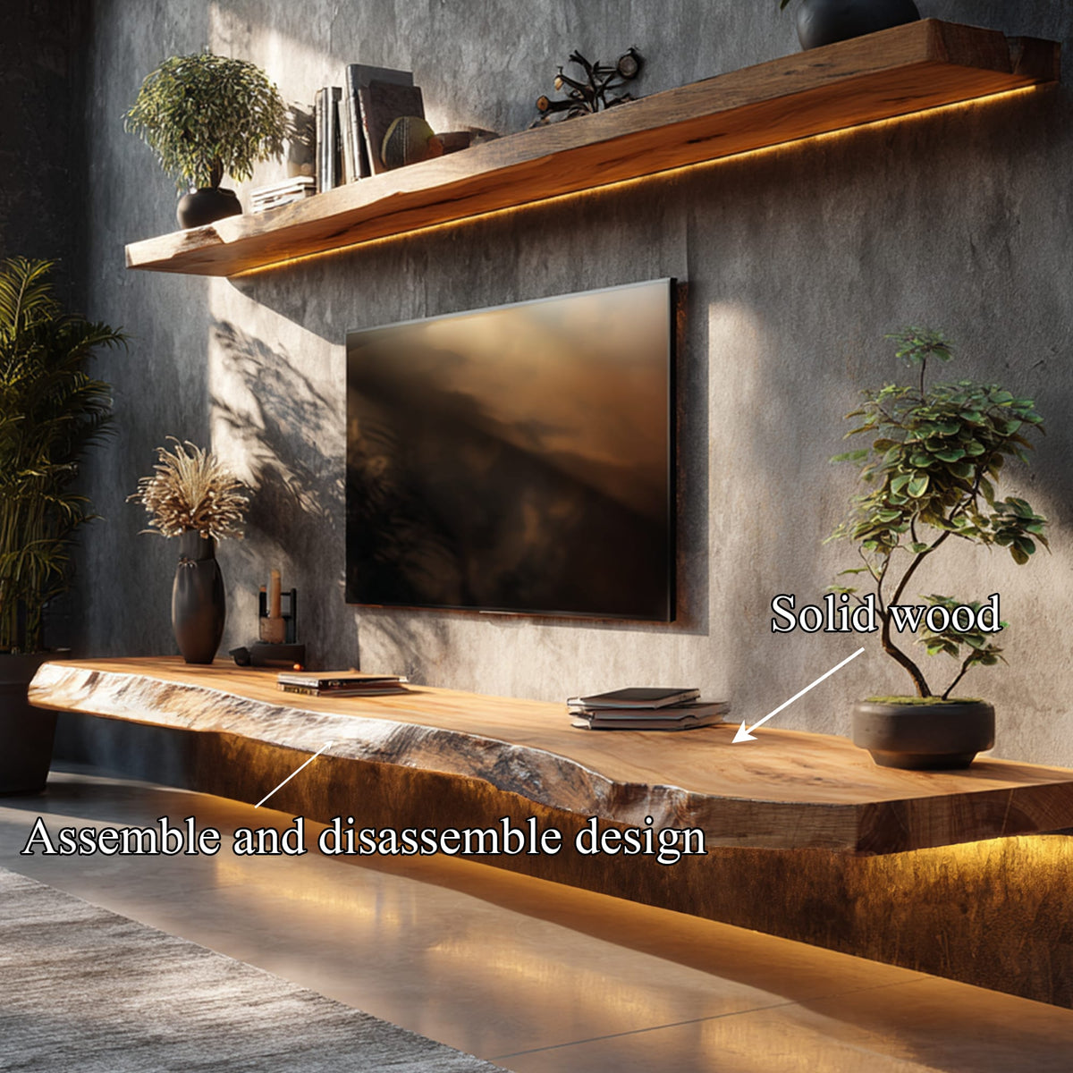 Handcrafted Live Edge Media Shelf Living Room Interior Architectural Feature, solid wood, built to order