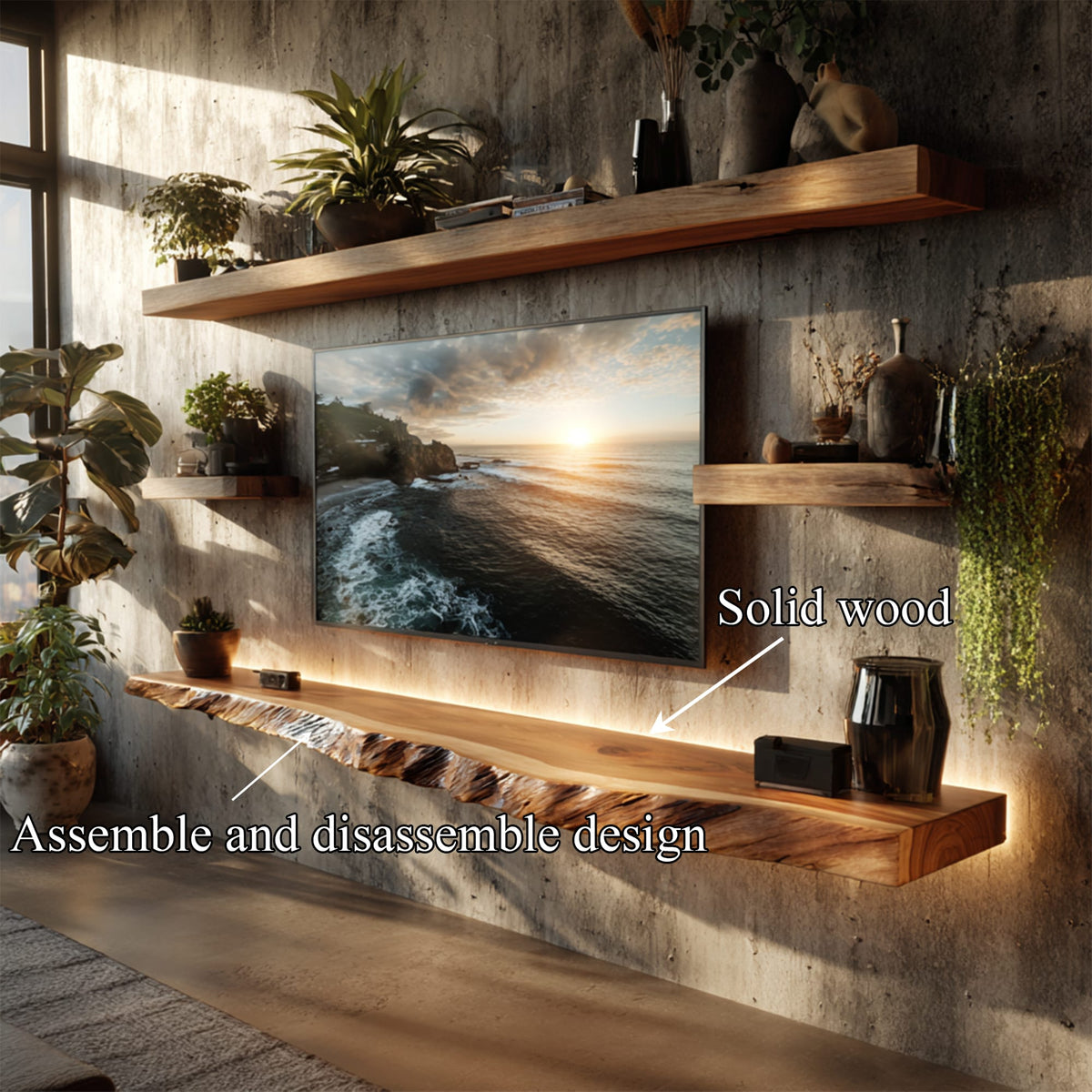 Artistic Live Edge Floating TV Shelf Living Room Interior Signature Furniture, solid wood, built to order