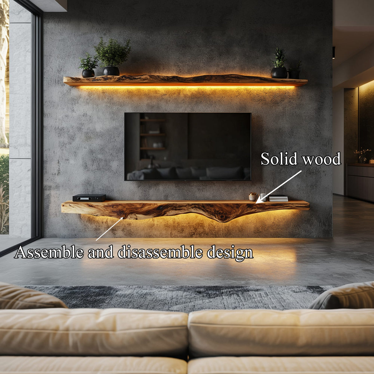 Rustic Live Edge Floating TV Shelf Living Room Interior Signature Furniture, solid wood, built to order