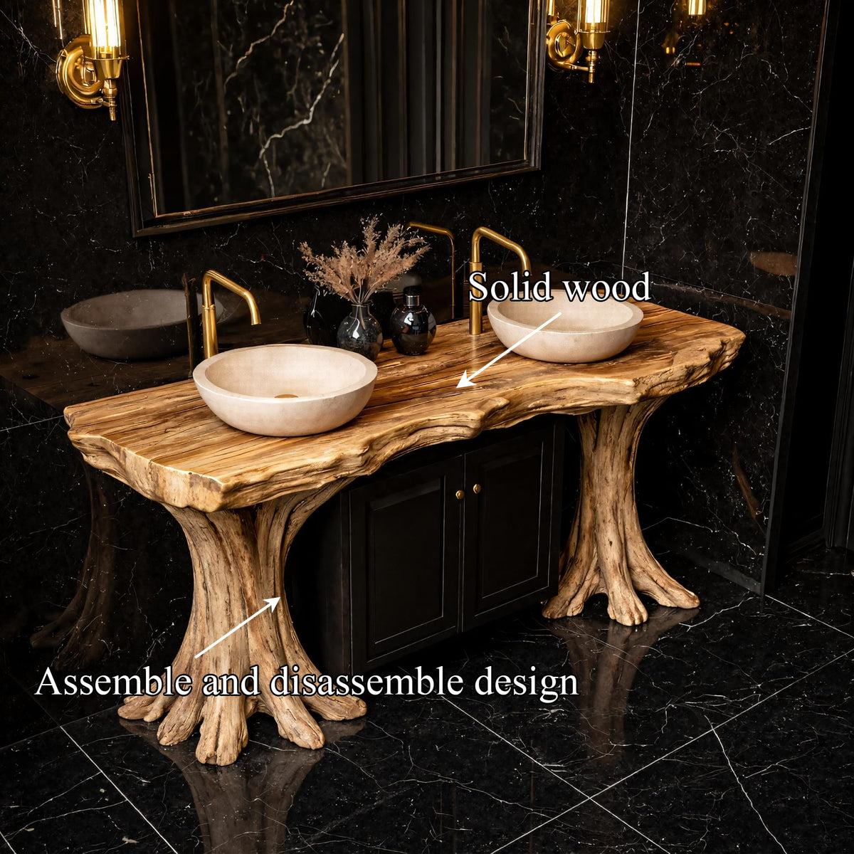 Organic Solid Bathroom Vanity Tree Base Statement Design, solid wood, built to order