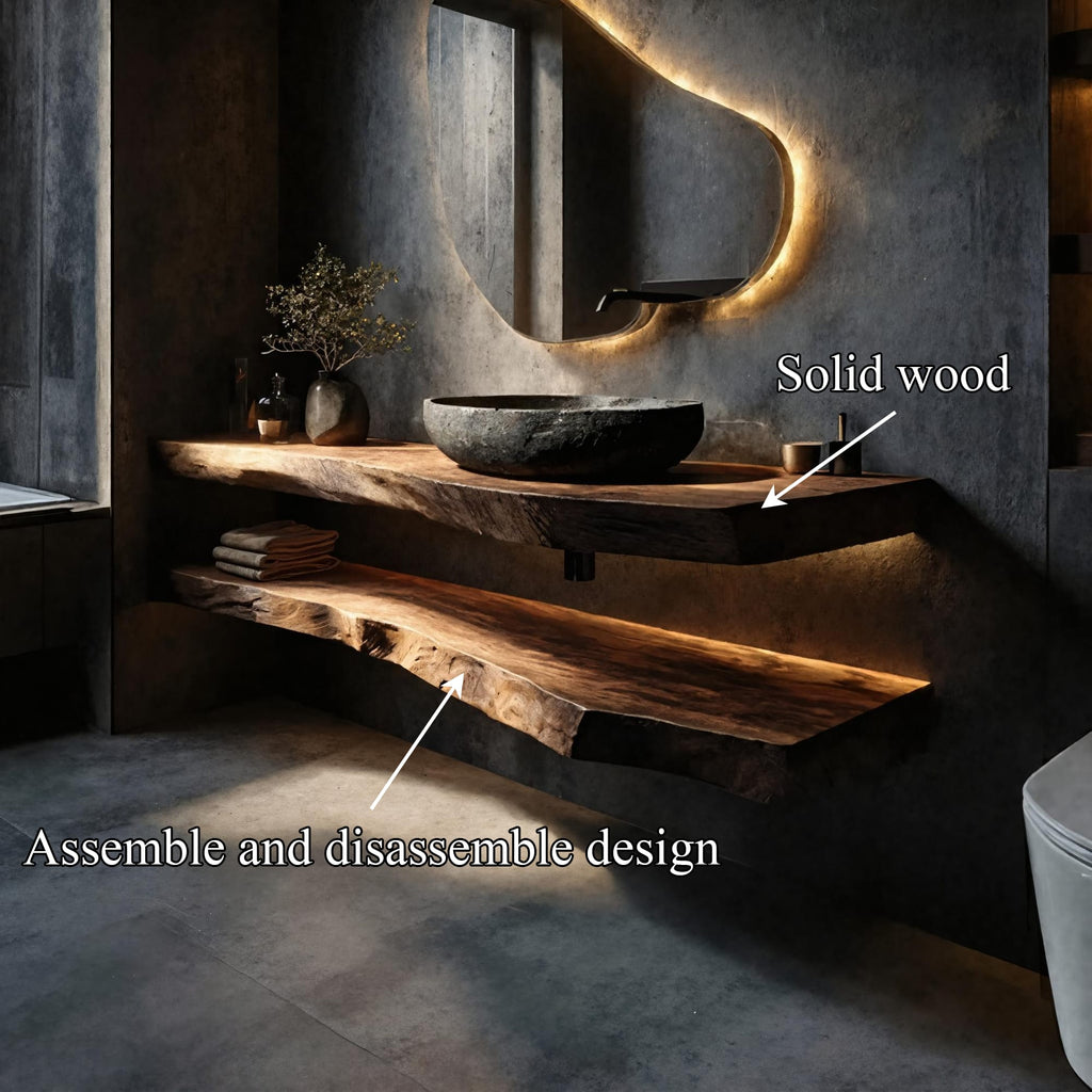 Rustic Bathroom Vanity Floating Live Edge Counter Shelf, solid wood, built to order