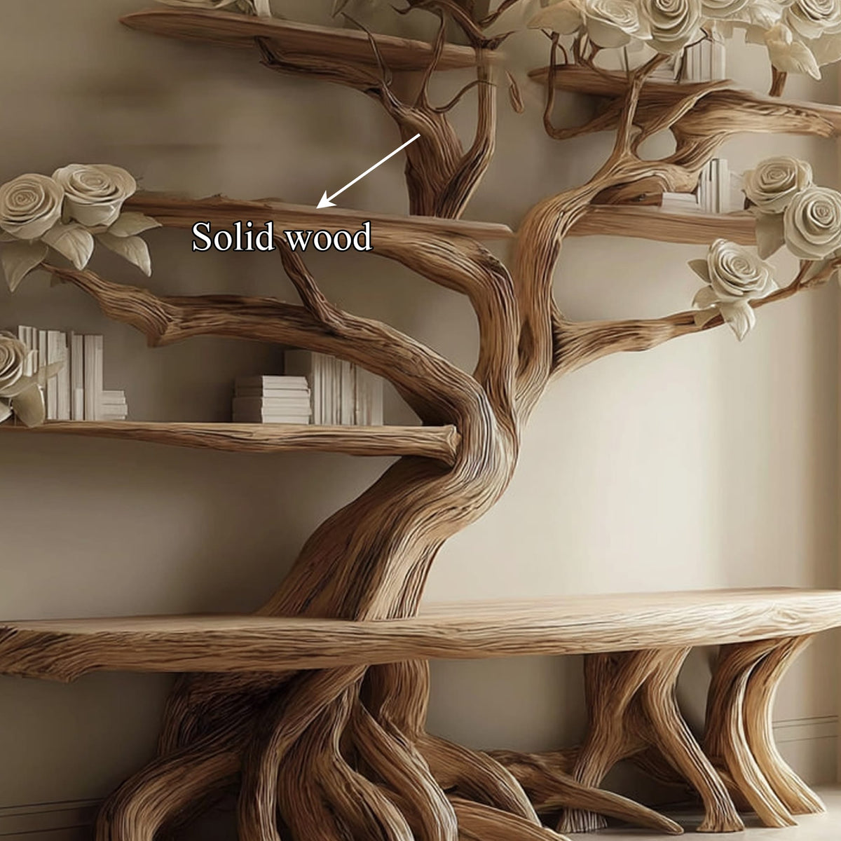 Midcentury Tree Bench Bookshelf Living Room, solid wood, built to order
