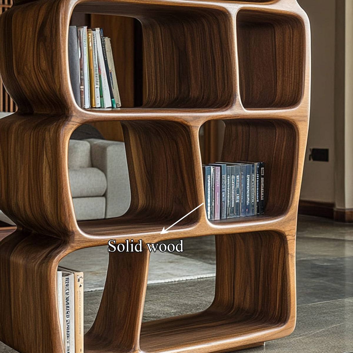 Mid Century Sculptural Bookshelf, solid wood, built to order