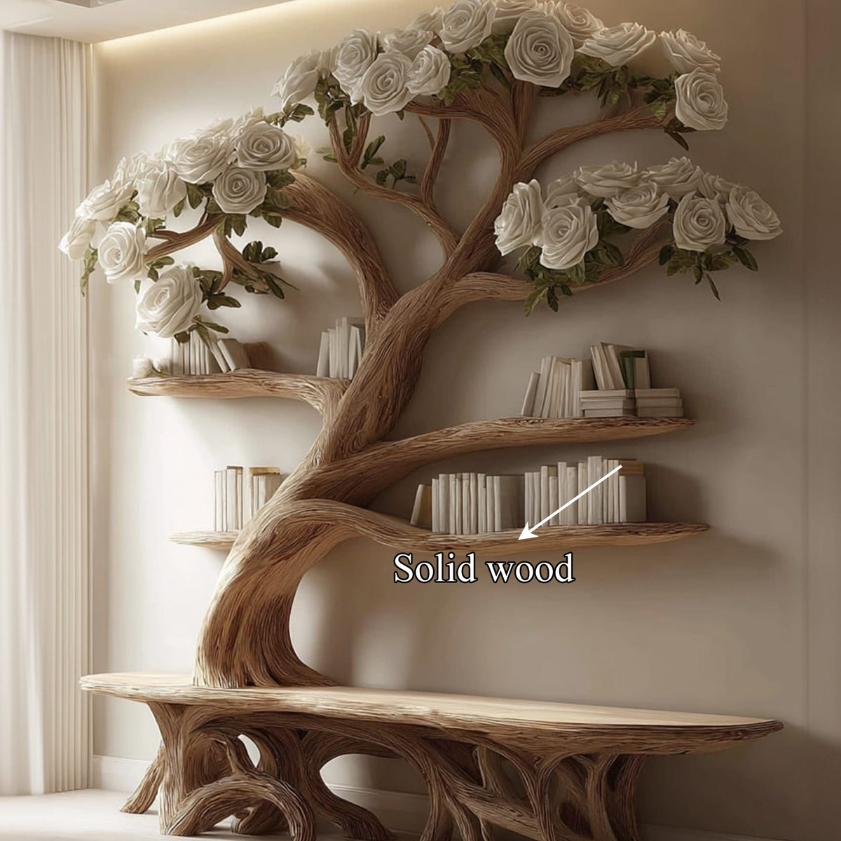 Midcentury Tree Bench Bookshelf Living Decor, solid wood, built to order