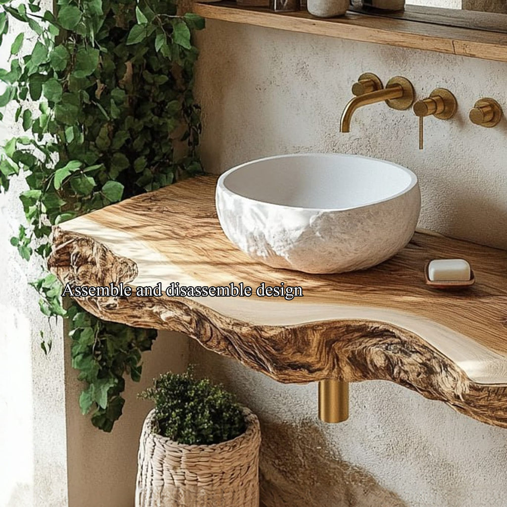 Midcentury Stone Basin Vanity Bathroom, solid wood, built to order
