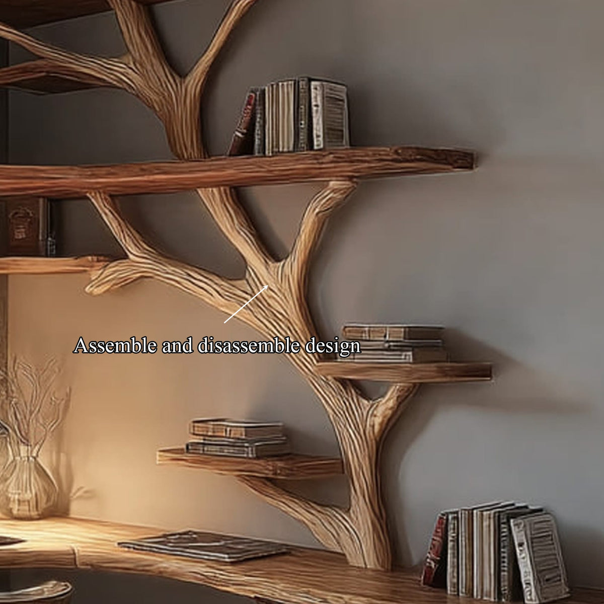 Rustic Branch Bookshelf Desk Living Room Or Home Workspace, solid wood, built to order