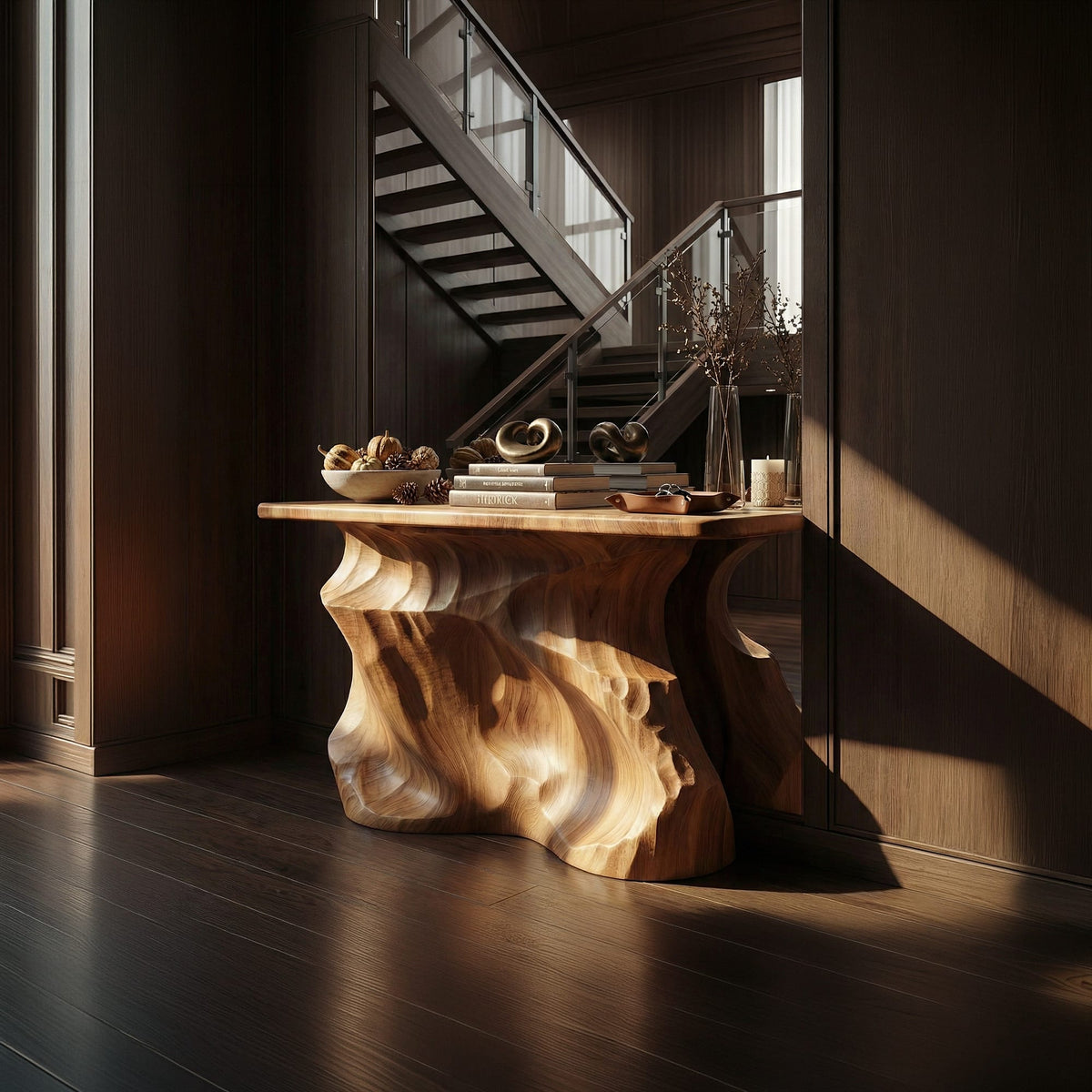 Solid Sculptural Back Console Table