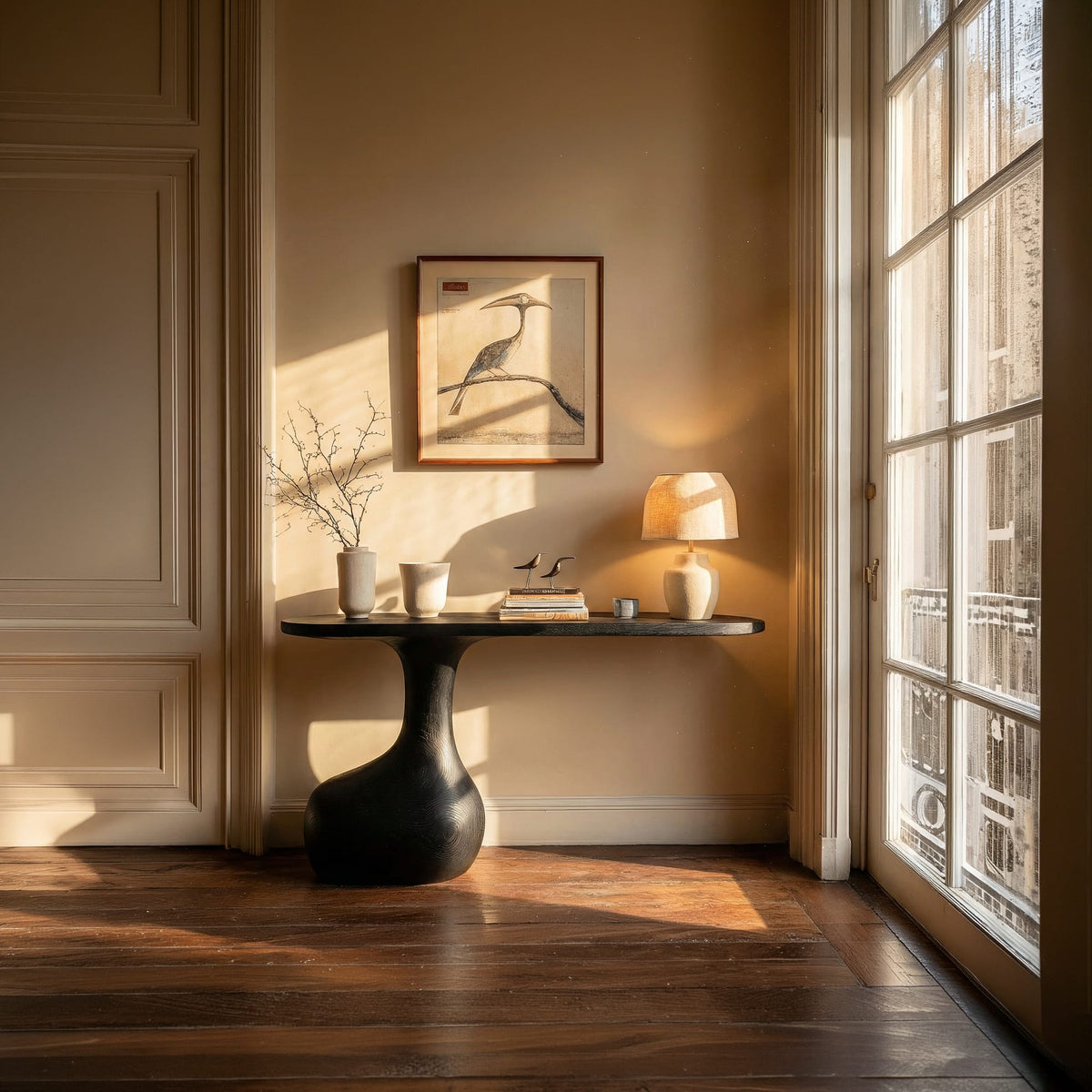 Minimalist Pedestal Console Table Entryway Hallway Living Room, solid wood, built to order
