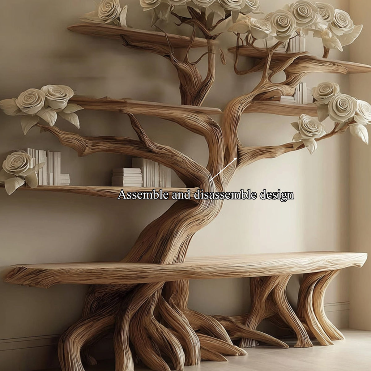 Midcentury Tree Bench Bookshelf Living Room, solid wood, built to order