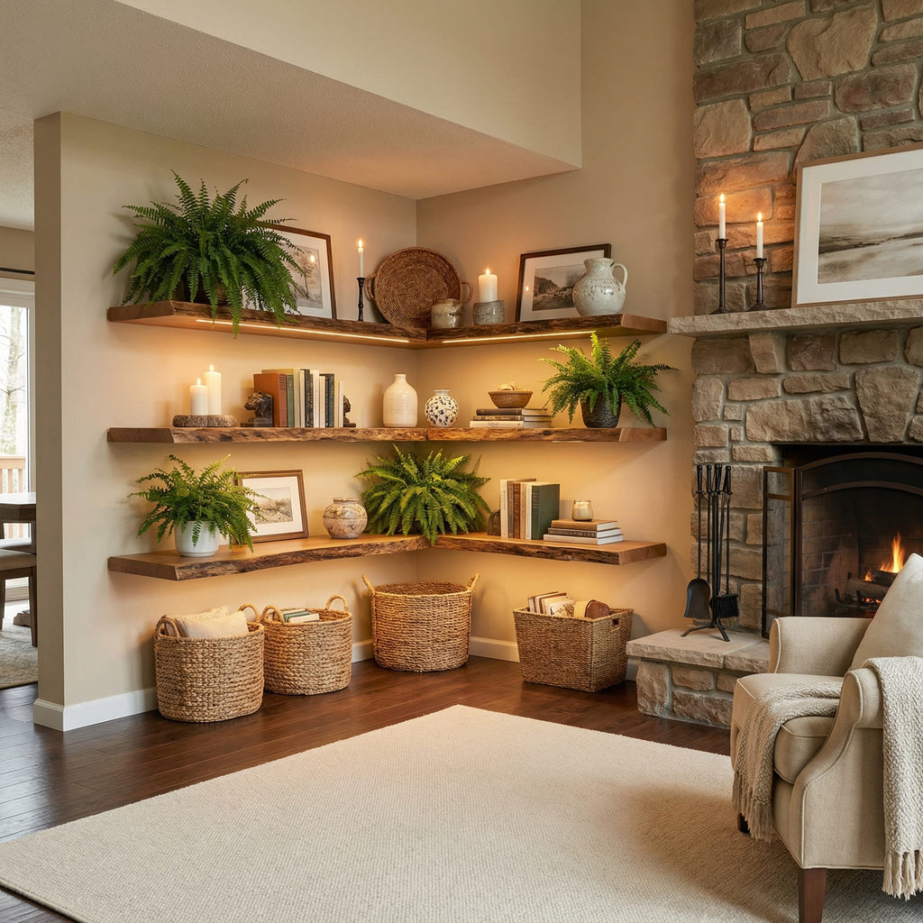 Modern Living Room Floating Wall Shelves, solid wood, built to order