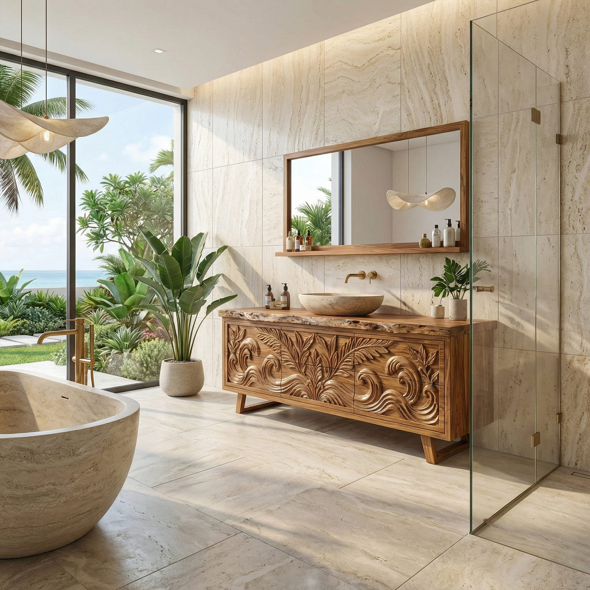 Tropical Hand Carved Solid Bathroom Vanity Statement Cabinet, solid wood, built to order