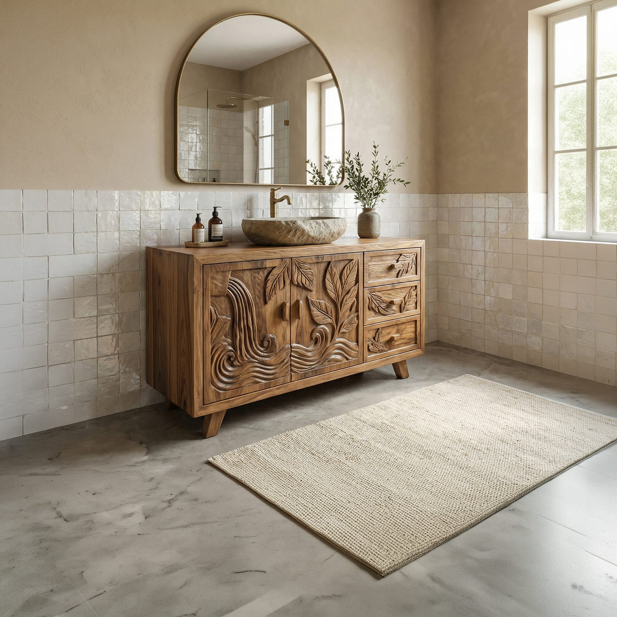 Bohemian Solid Bathroom Vanity Leaf Carved Storage Cabinet, solid wood, built to order