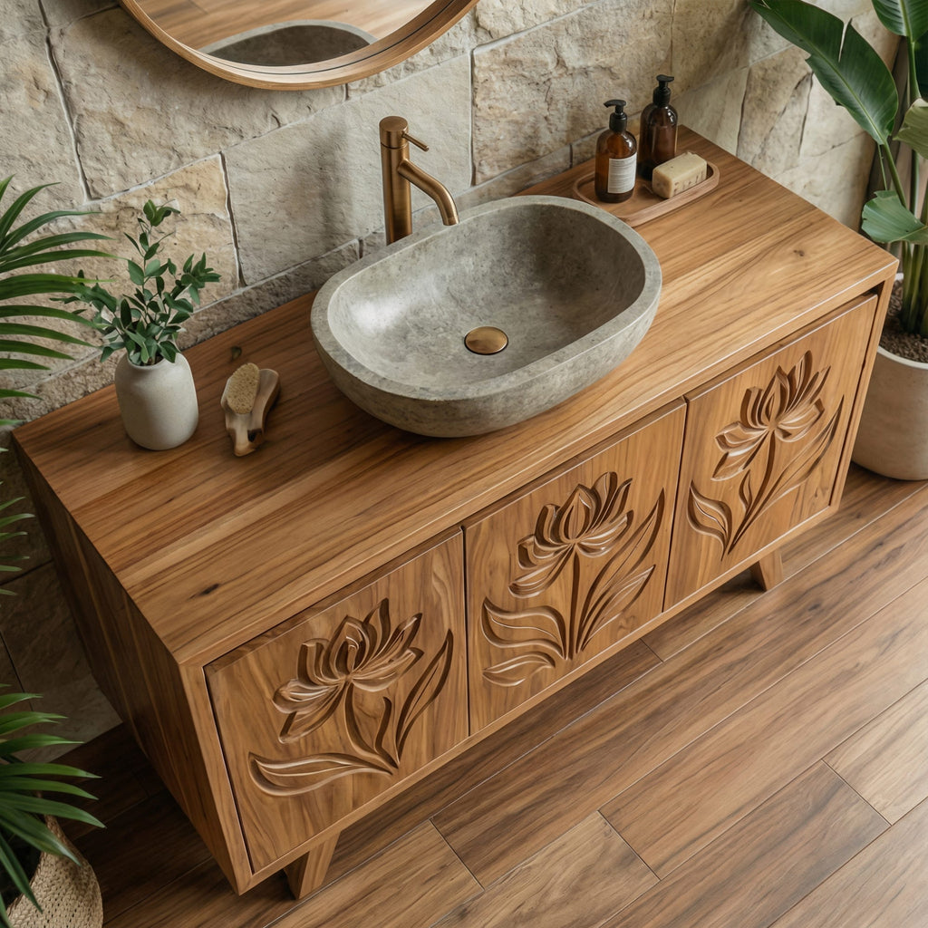 Tropical Floral Carved Solid Bathroom Vanity Freestanding Cabinet, solid wood, built to order