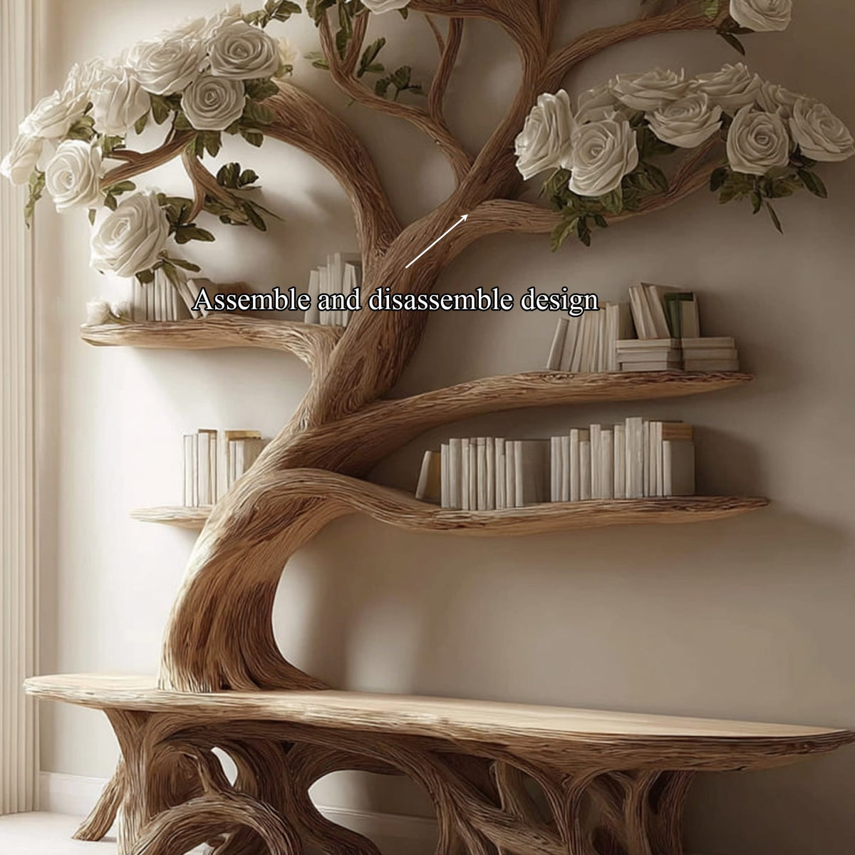 Midcentury Tree Bench Bookshelf Living Decor, solid wood, built to order