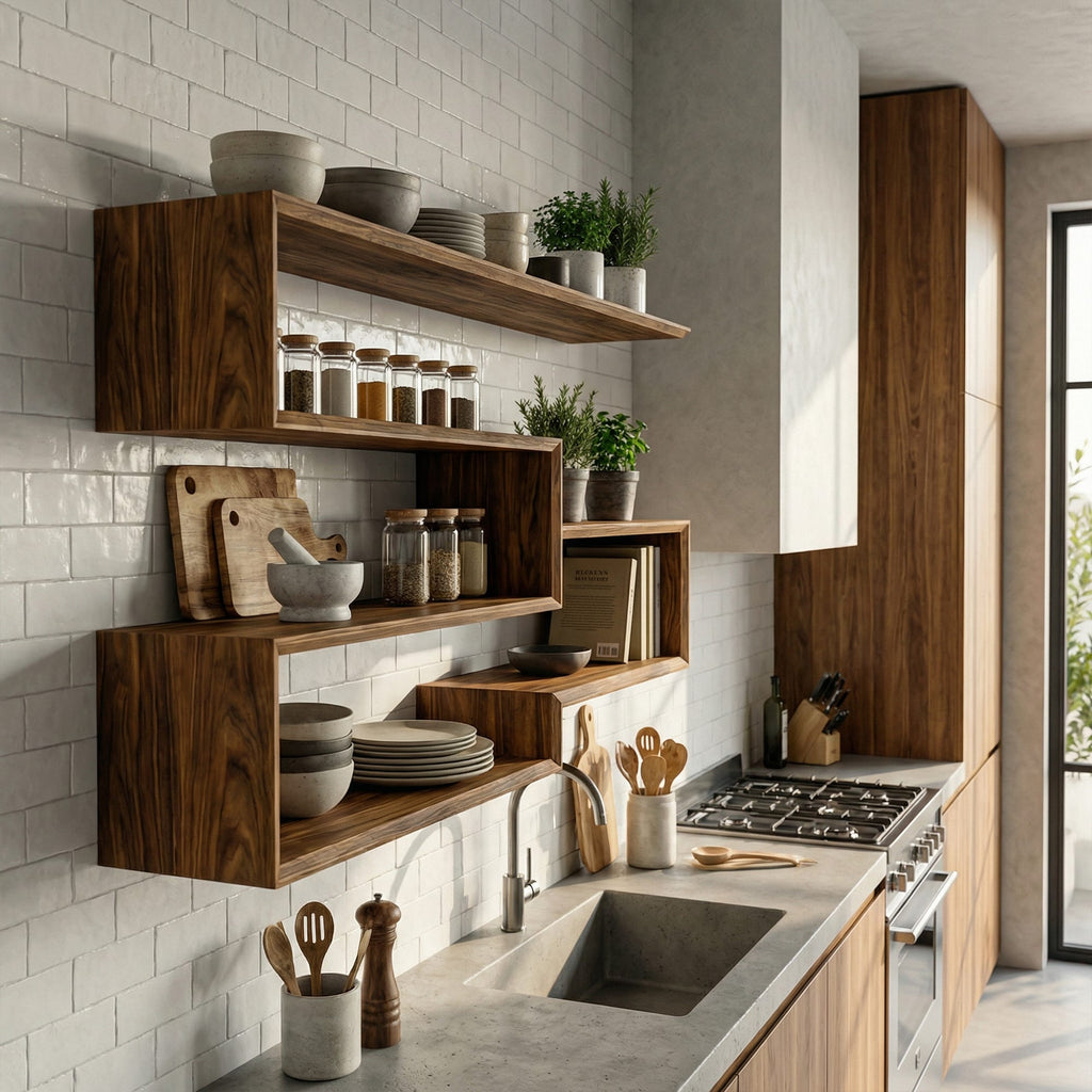 Modern Geometric Floating Wall Shelf Modular Display System, solid wood, built to order