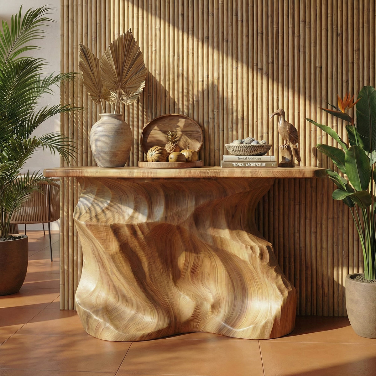 Solid Sculptural Back Console Table