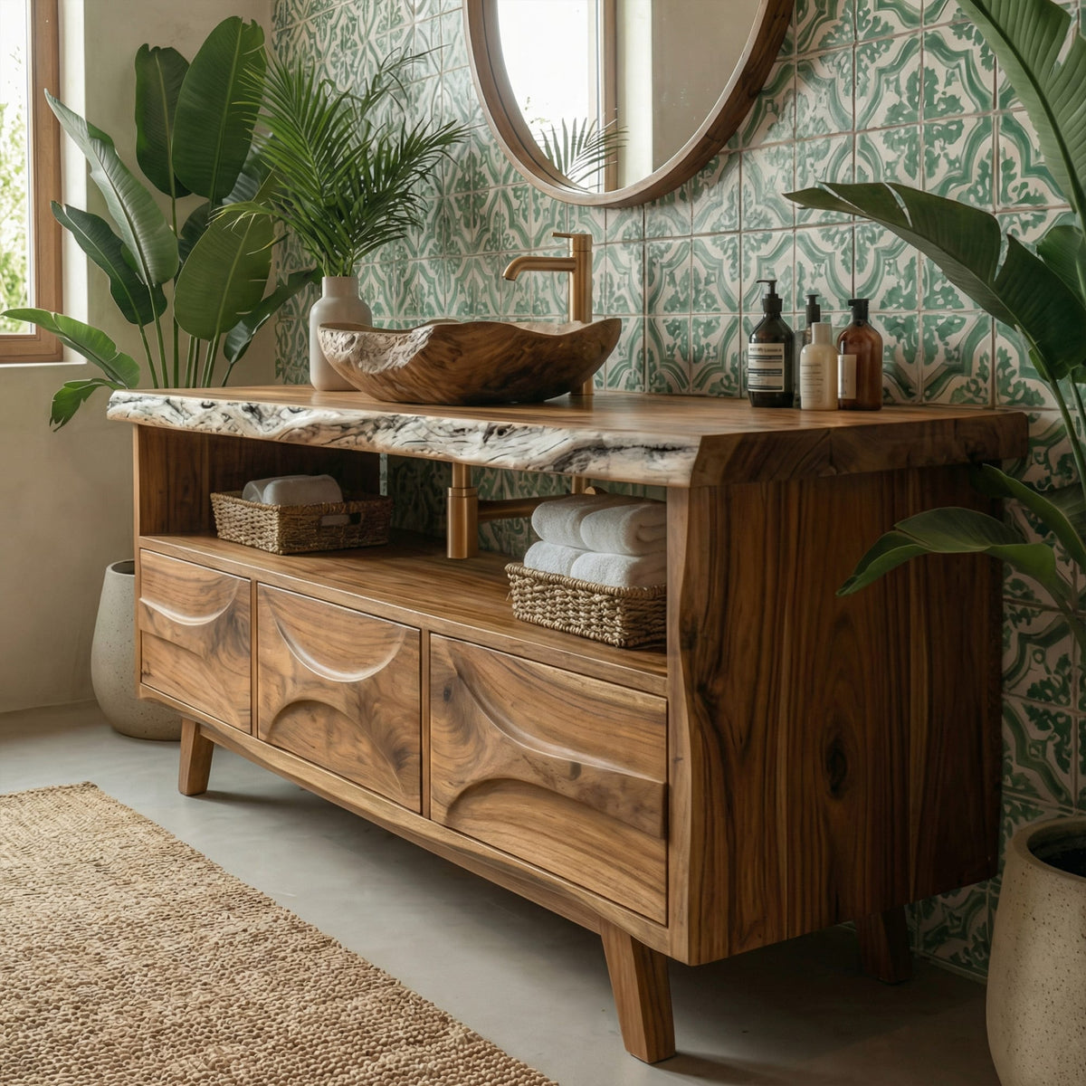 Mid Century Solid Bathroom Vanity Freestanding Storage Cabinet, solid wood, built to order