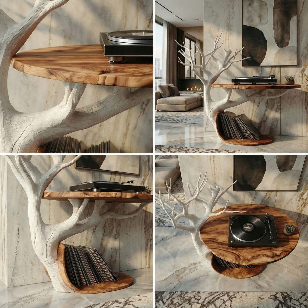 Midcentury Tree Branch Record Player Stand Vinyl Shelf Living Room Decor, solid wood, built to order