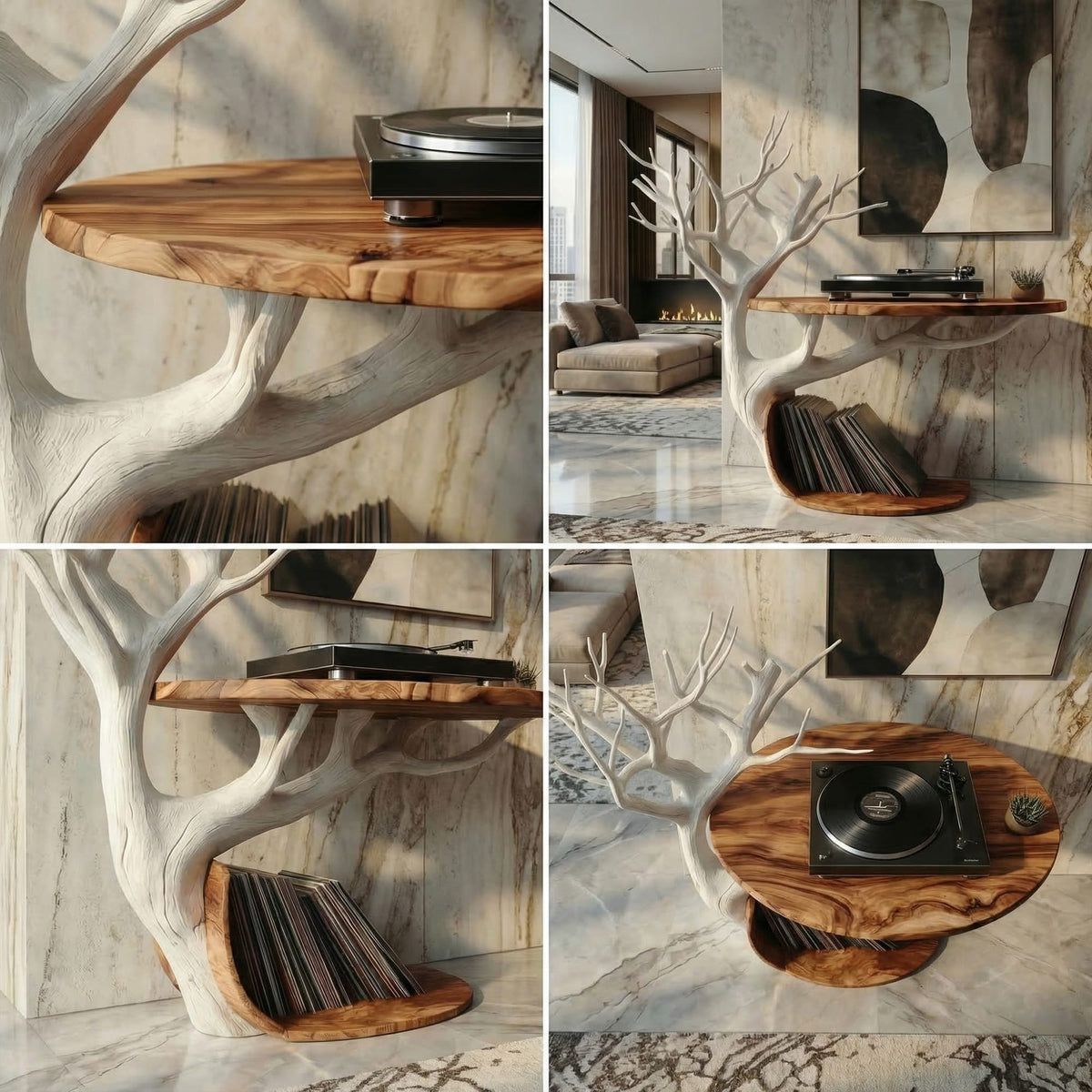 Midcentury Tree Branch Record Player Stand Vinyl Shelf Living Room Decor, solid wood, built to order