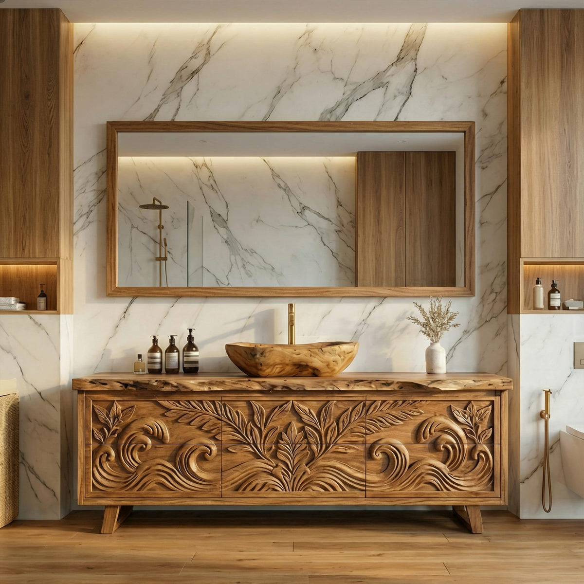 Tropical Hand Carved Solid Bathroom Vanity Statement Cabinet, solid wood, built to order