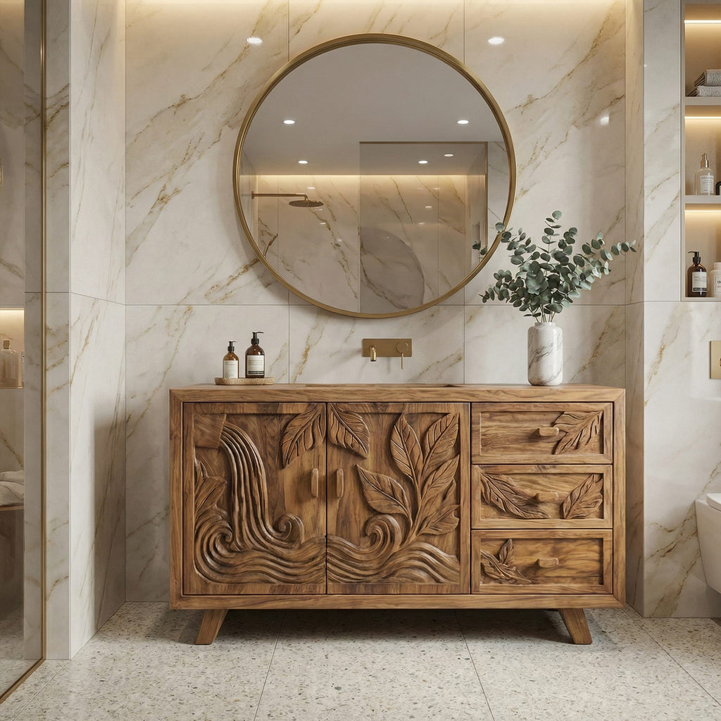 Bohemian Solid Bathroom Vanity Leaf Carved Storage Cabinet, solid wood, built to order