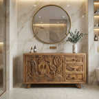 Bohemian Solid Bathroom Vanity Leaf Carved Storage Cabinet, solid wood, built to order