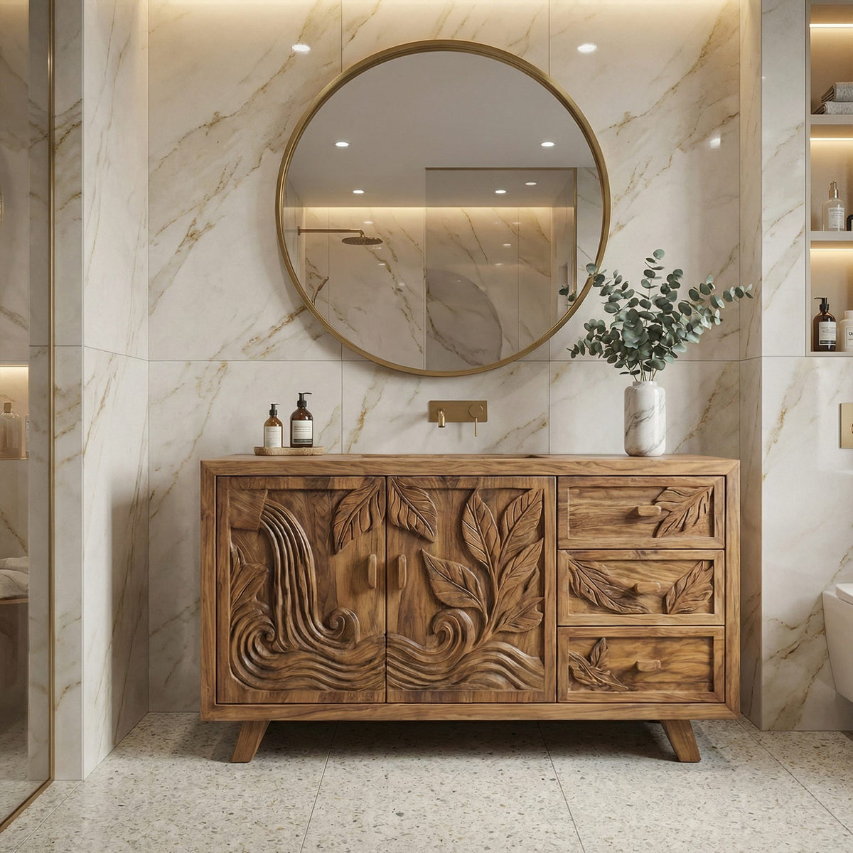 Bohemian Solid Bathroom Vanity Leaf Carved Storage Cabinet, solid wood, built to order