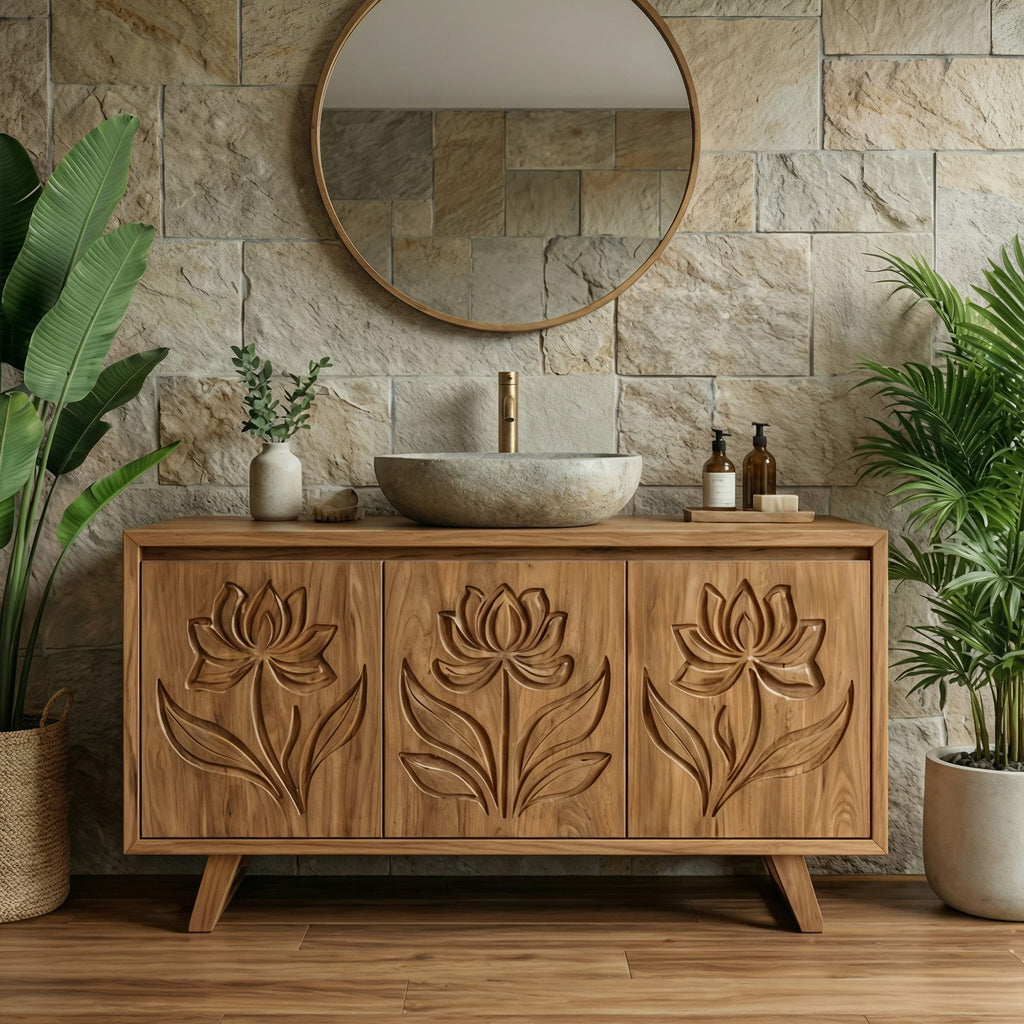 Tropical Floral Carved Solid Bathroom Vanity Freestanding Cabinet, solid wood, built to order