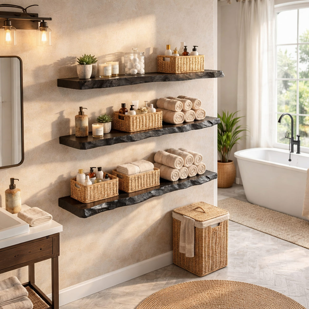 Moder Floating Bathroom Shelves Wall Mounted Storage, solid wood, built to order