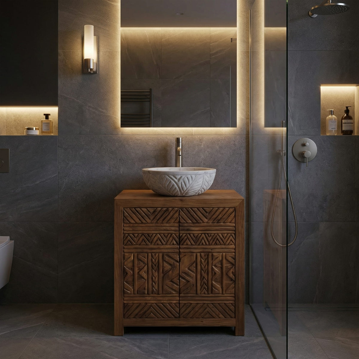 Tribal Geometric Solid Bathroom Vanity Compact Storage Cabinet, solid wood, built to order