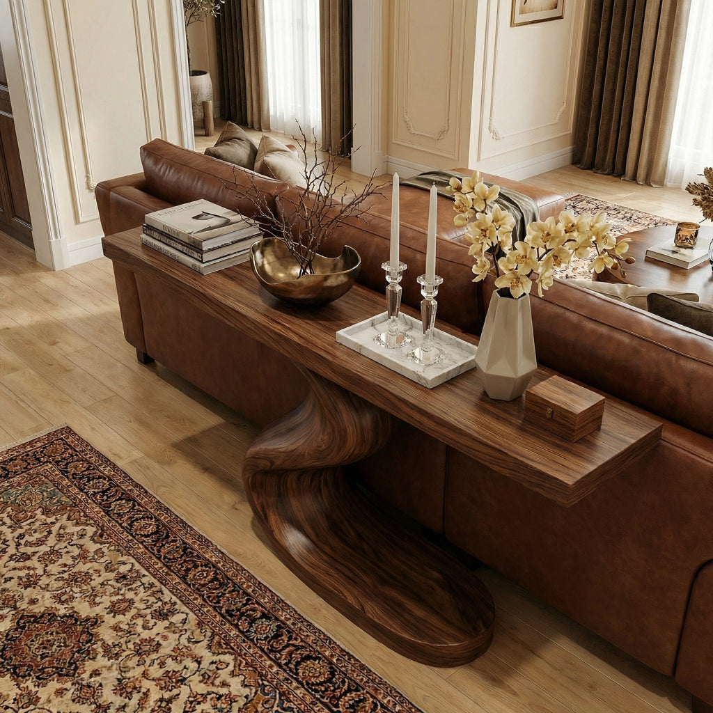 Artistic Flowing Base Console Table Entryway Hallway Living Room, solid wood, built to order
