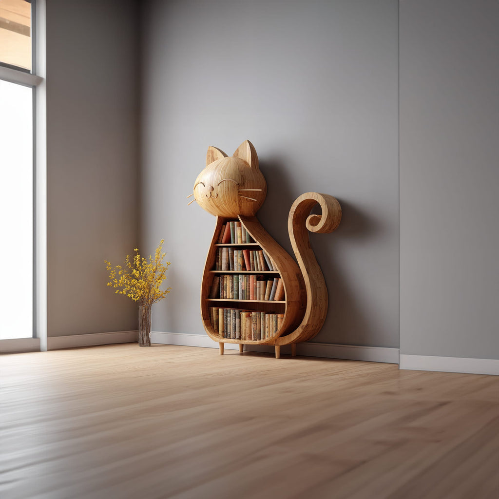 Rustic Cat Bookshelf Kids Room Storage Display, solid wood, built to order