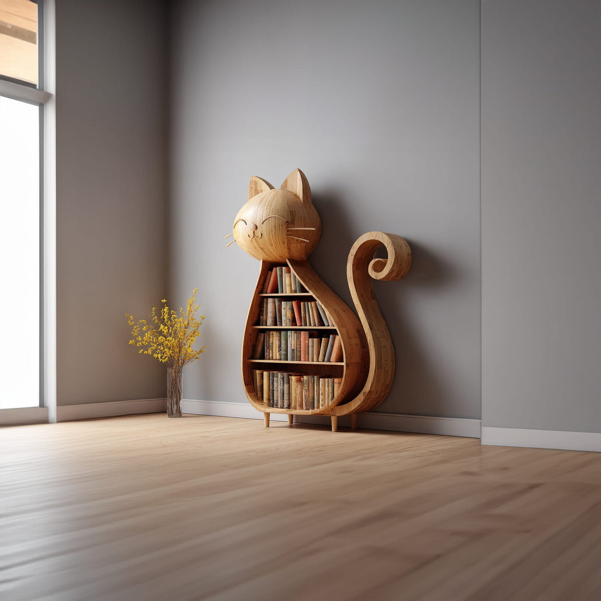 Rustic Cat Bookshelf Kids Room Storage Display, solid wood, built to order