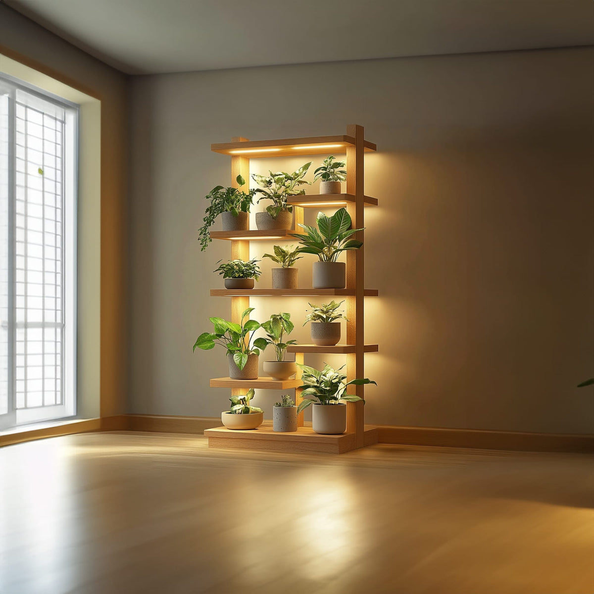 Mid Century Modern Plant Shelf Display Living Room, solid wood, built to order