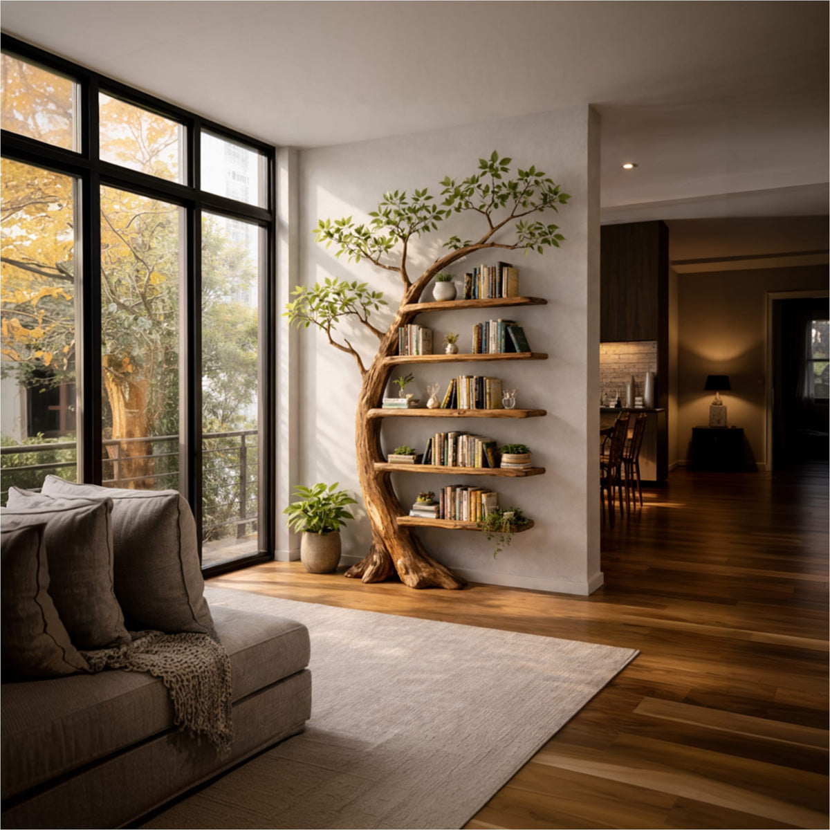 Handcrafted Tree Storage Bookcase Living Room, solid wood, built to order