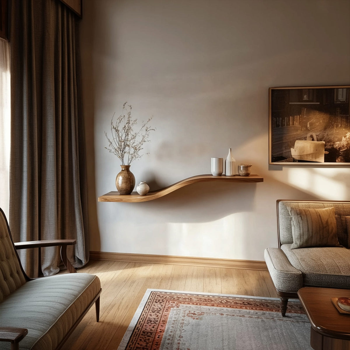 Curved Solid Wall Shelf Minimal Organic Interior Decor, solid wood, built to order