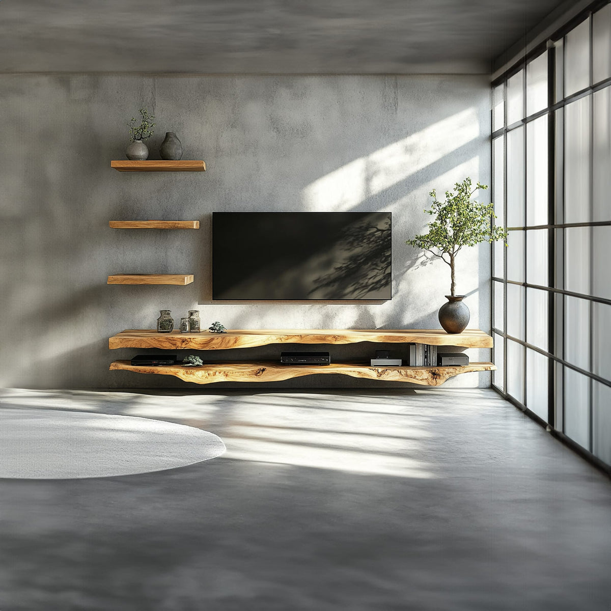 Combo 2 Pieces Rustic Floating TV Stand Living Room Media, solid wood, built to order