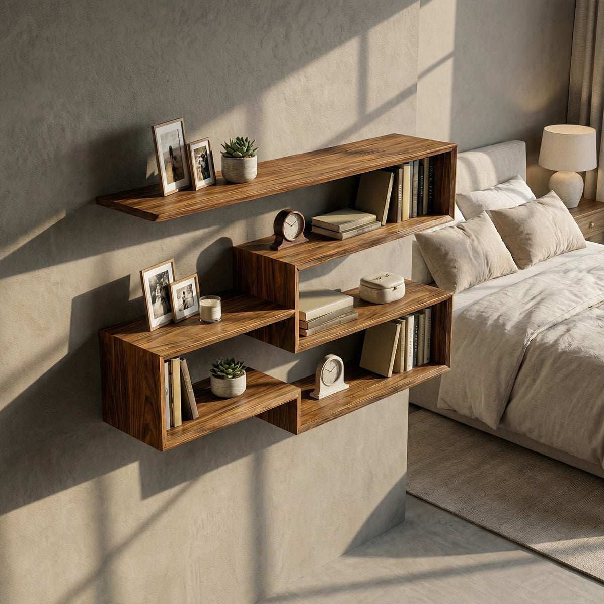 Modern Geometric Floating Wall Shelf Modular Display System, solid wood, built to order