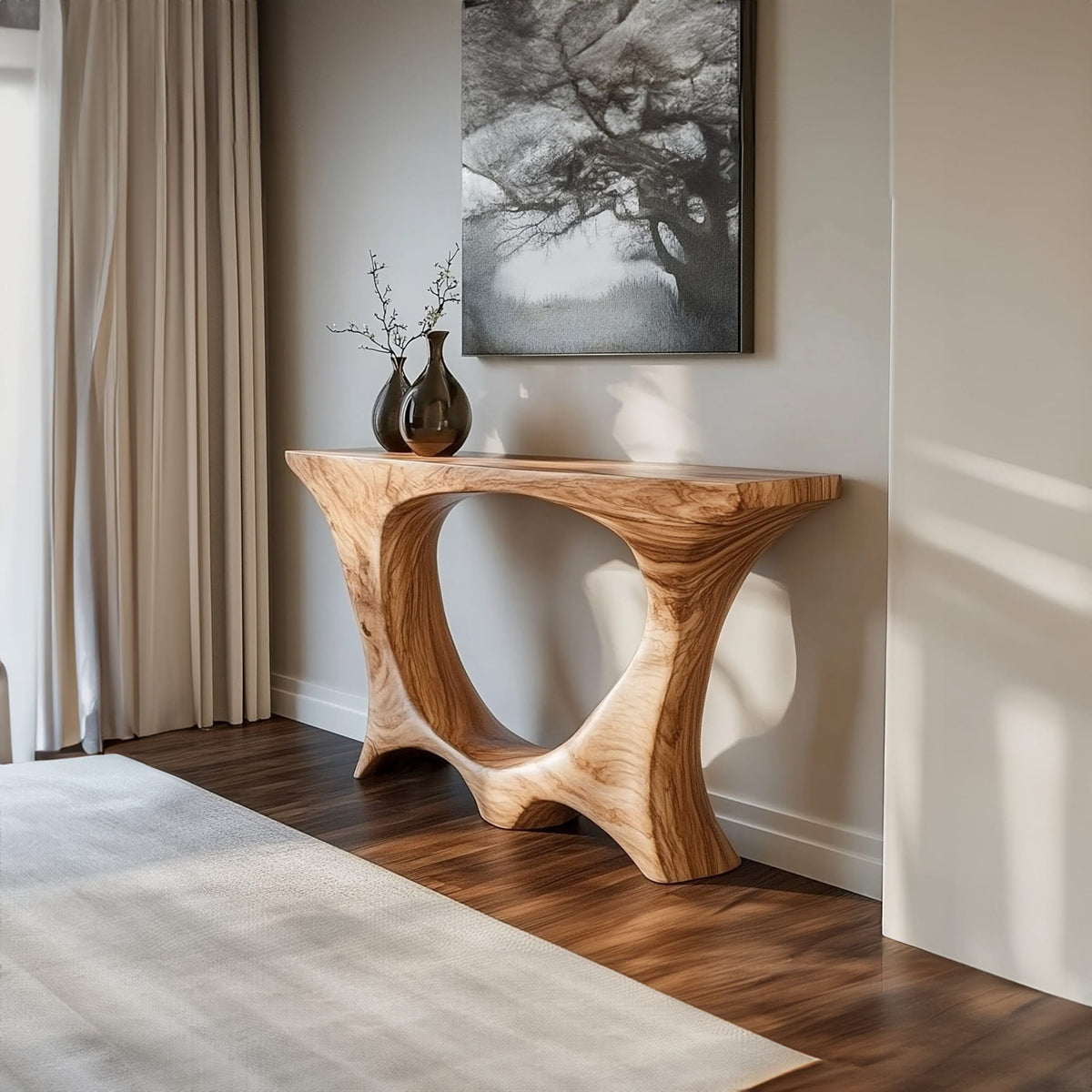 Mid Century Entry Table Handcrafted Curved Leg Hallway Opening, solid wood, built to order