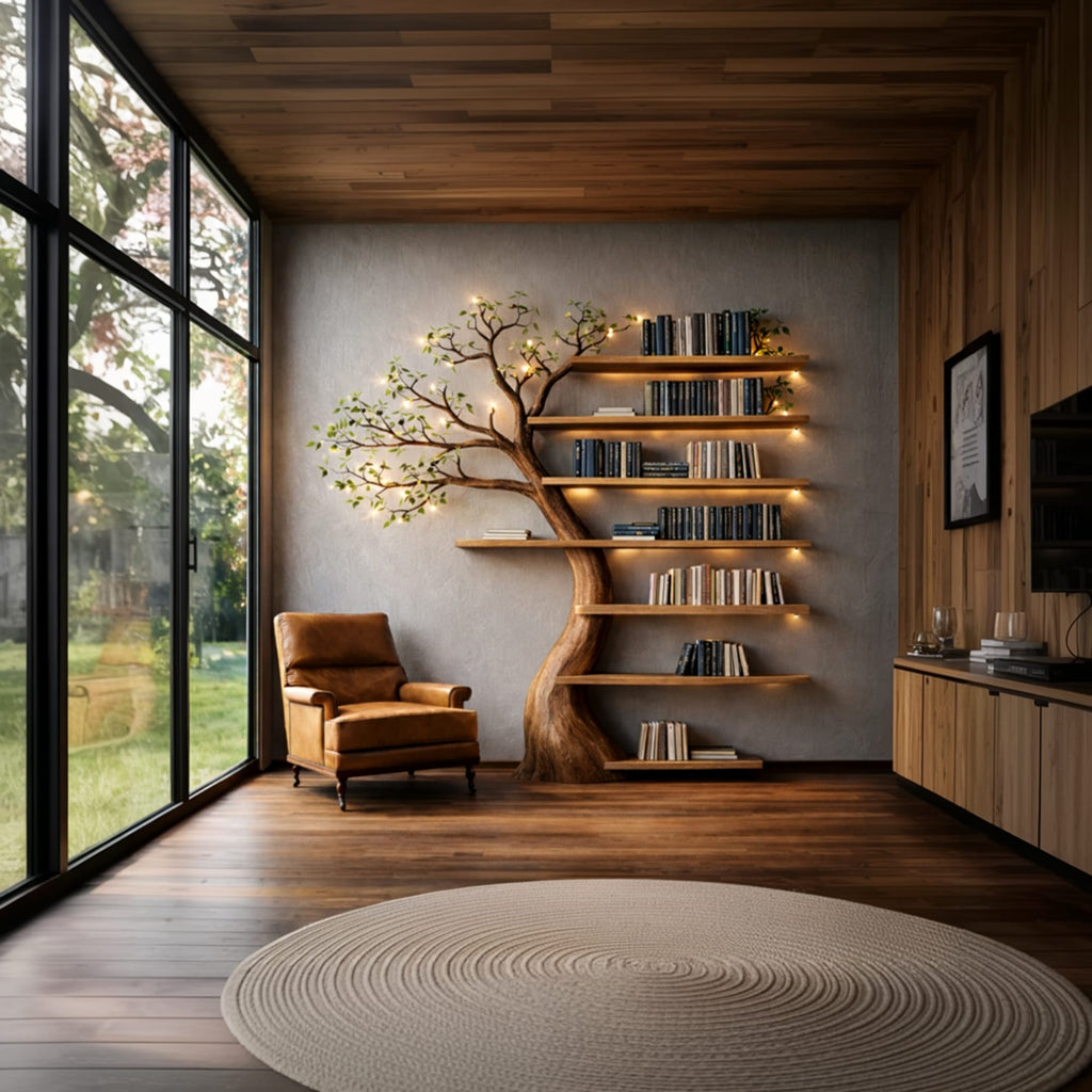 Handcrafted Tree Bookshelf Living Room Interior Sculptural Wall Display, solid wood, built to order