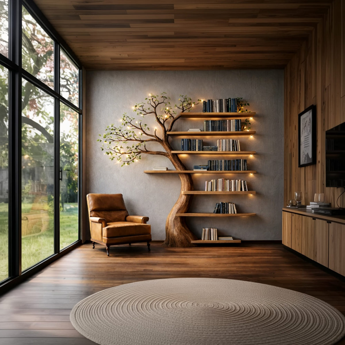 Handcrafted Tree Bookshelf Living Room Interior Sculptural Wall Display, solid wood, built to order