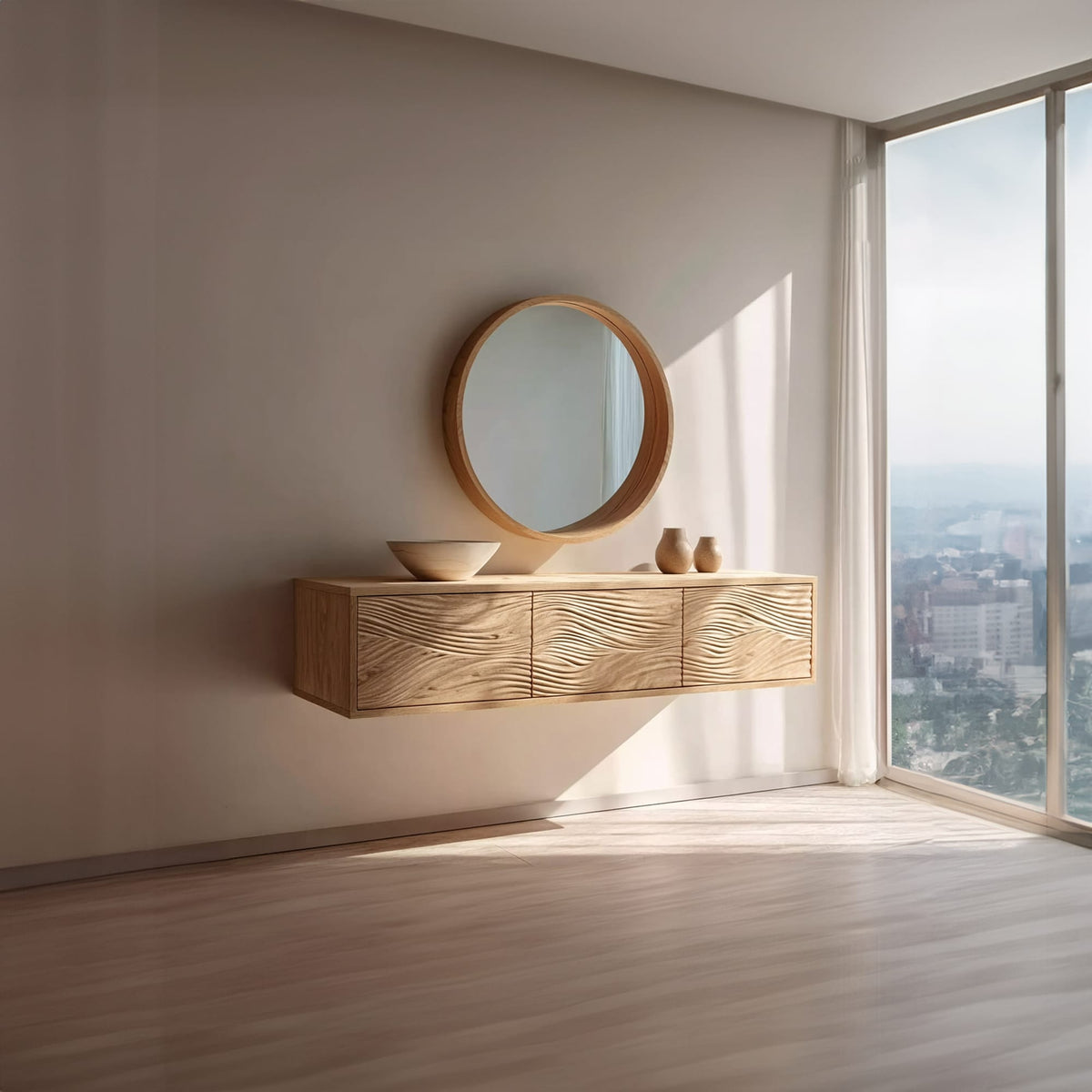 Mid Century Floating Vanity Storage Bathroom, solid wood, built to order