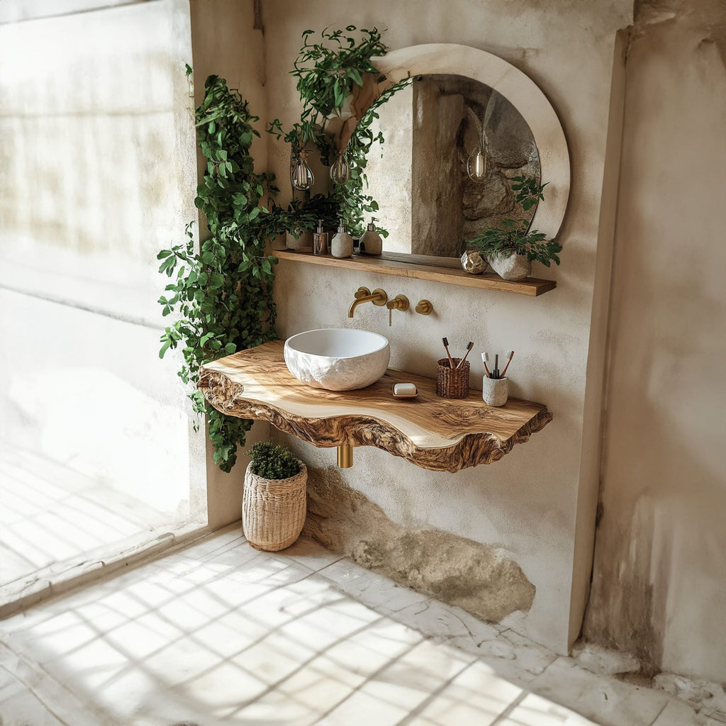 Midcentury Stone Basin Vanity Bathroom, solid wood, built to order