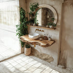 Midcentury Stone Basin Vanity Bathroom, solid wood, built to order
